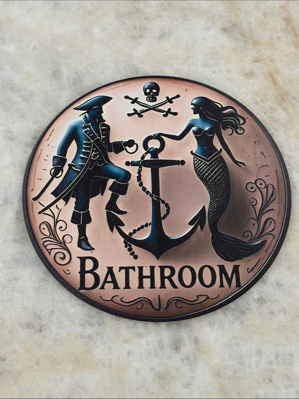 Bathroom Wall Plaque - Pirate & Mermaid Anchor Design in Copper and Black
